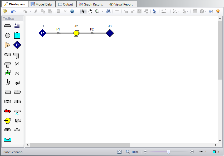 The Workspace for the Pump Sizing for Sand Transfer System example with two assigned pressure junctions, one pump, and two pipes.